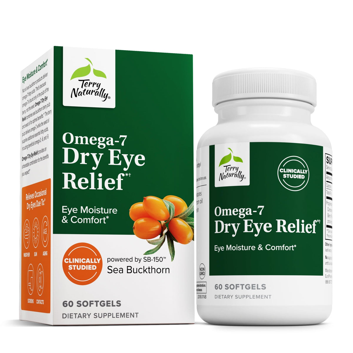 Terry Naturally Omega-7 Dry Eye Relief bottle with softgels for eye moisture support