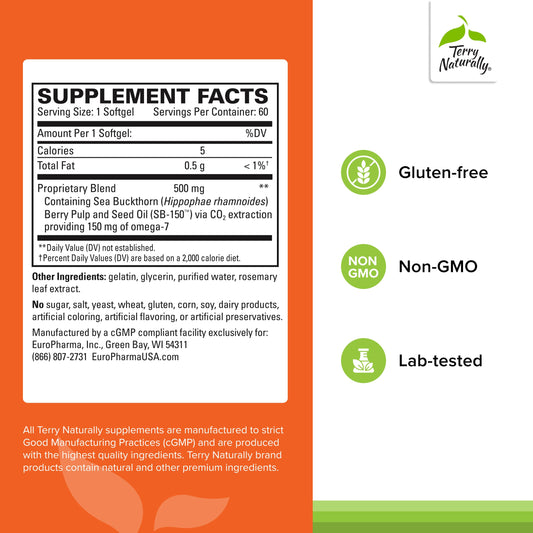 Close-up of Terry Naturally Omega-7 softgels showing easy-to-swallow form for daily use.