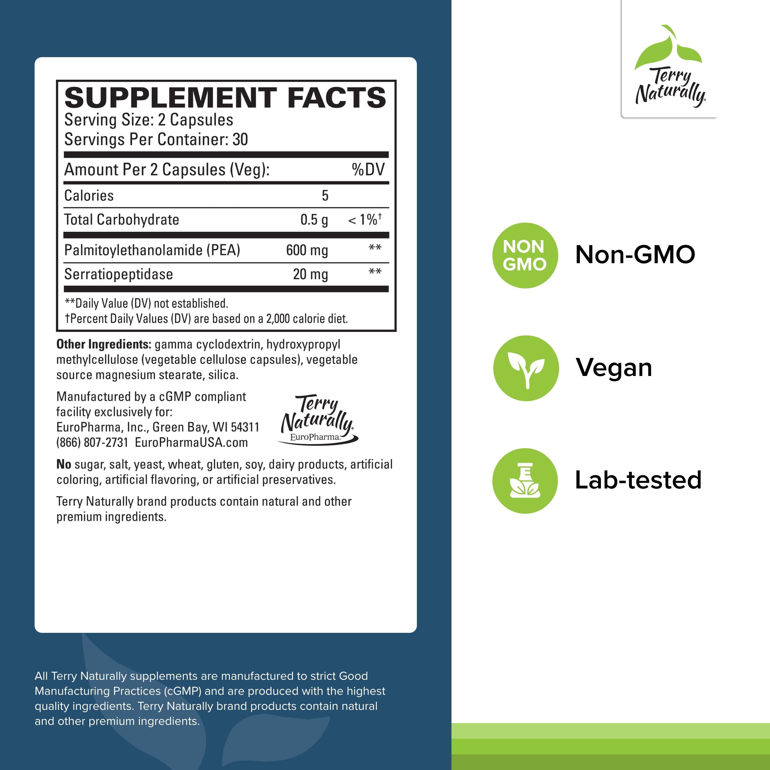 Terry Naturally Pea Healthy capsules close-up highlighting easy daily dosing.
