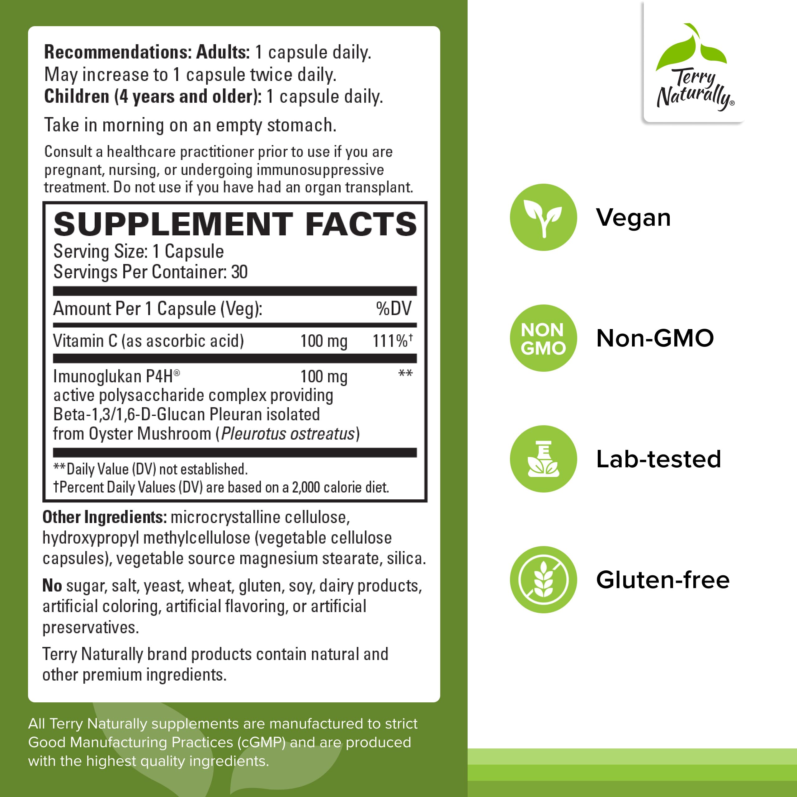 Pleuramax label closeup highlighting vegan and non-GMO ingredients with vitamin C