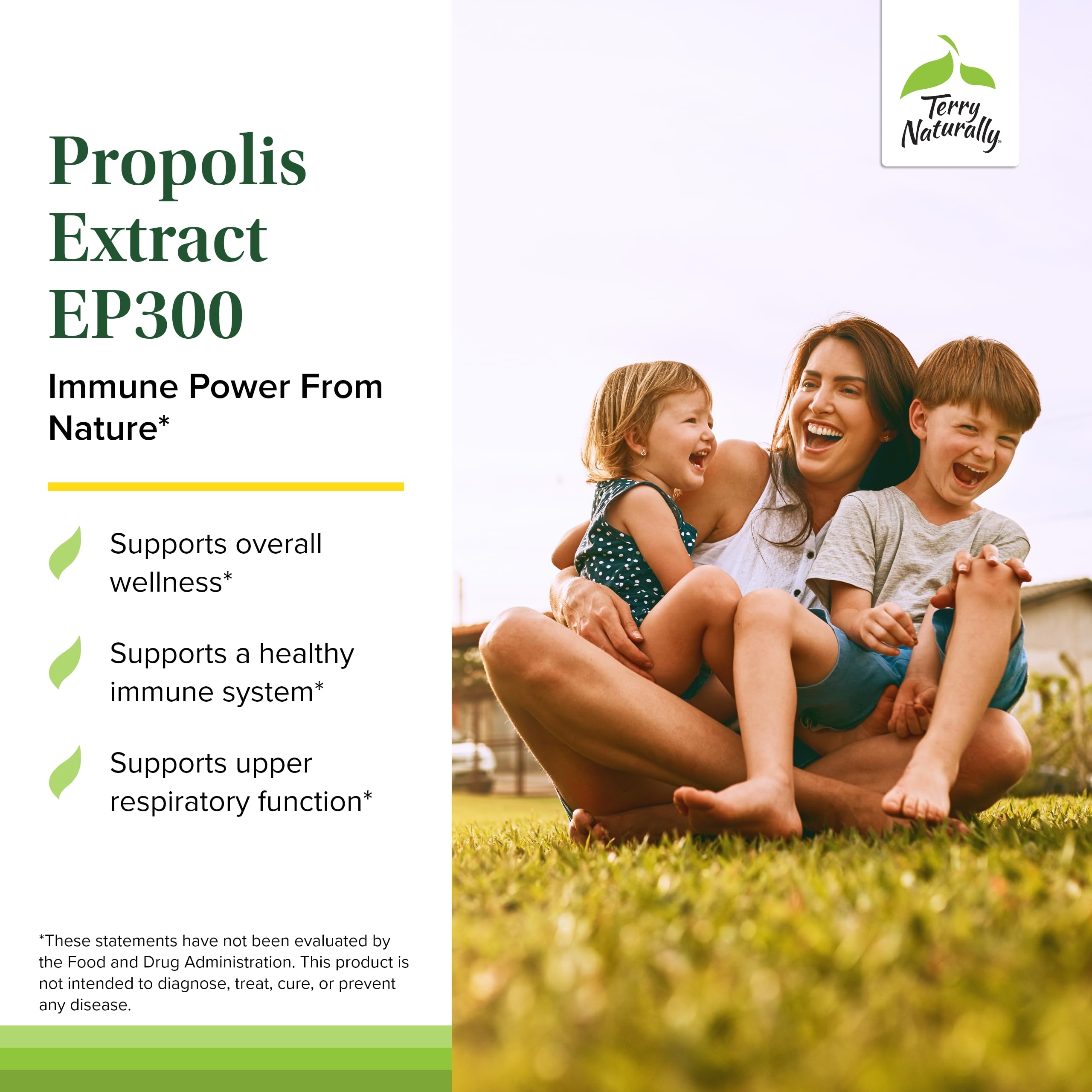 Terry Naturally Propolis EP300 packaging back with non-GMO and testing notes