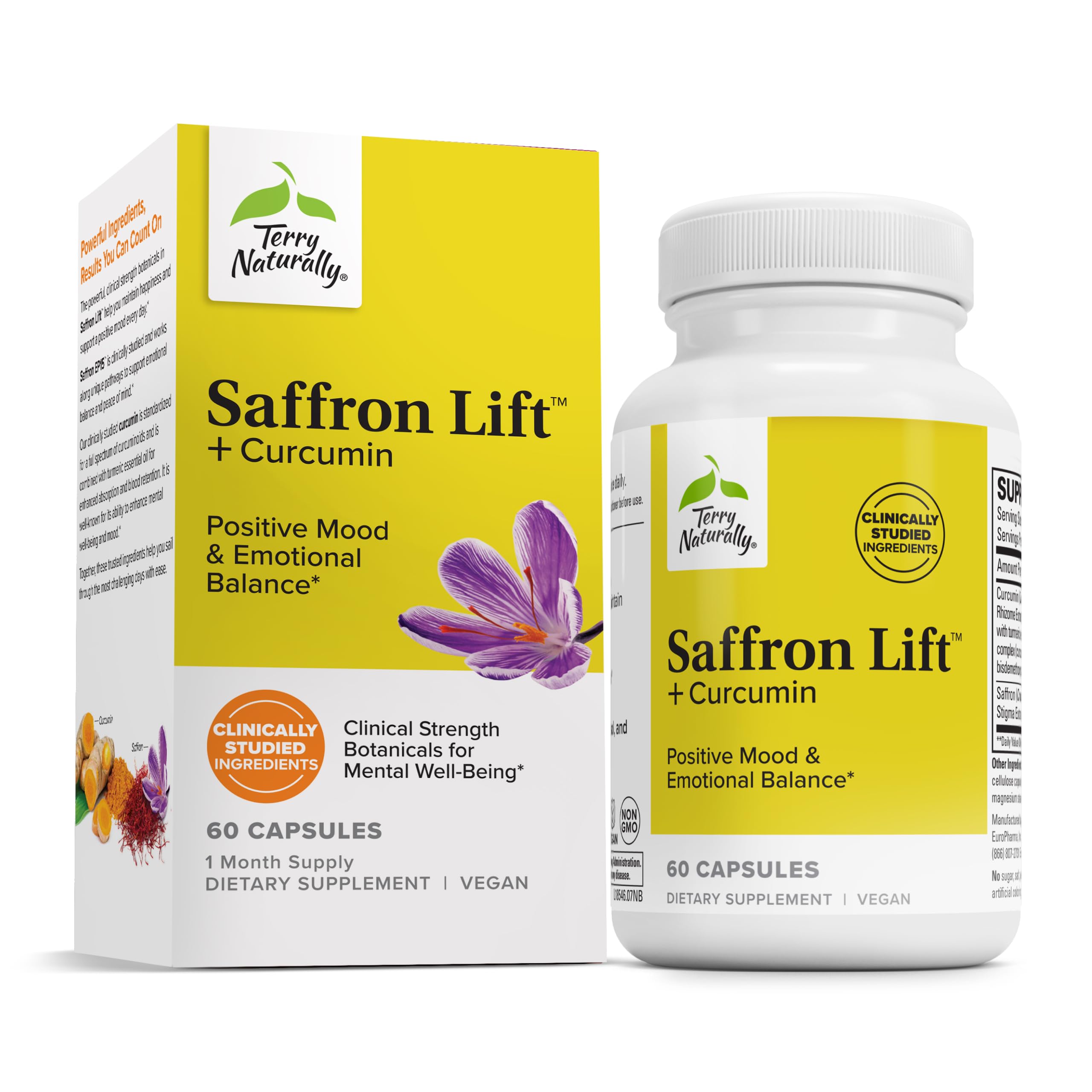 Terry Naturally Saffron Lift + Curcumin bottle front for daily wellness