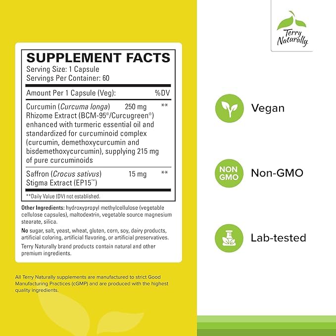 Terry Naturally Saffron Lift + Curcumin capsules offer easy daily wellness.