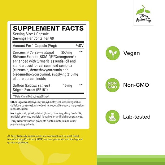 Terry Naturally Saffron Lift + Curcumin capsules offer easy daily wellness.