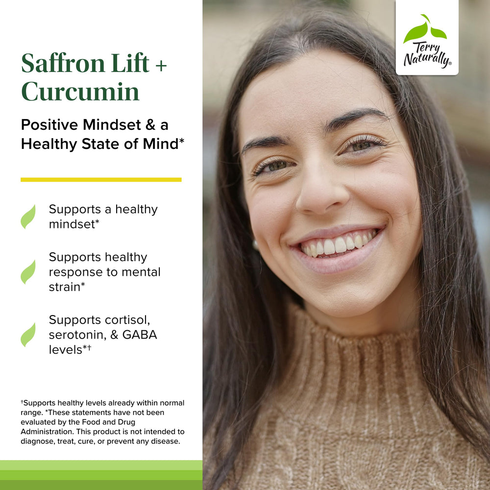 Terry Naturally Saffron Lift + Curcumin ingredients panel shows full-spectrum curcuminoids