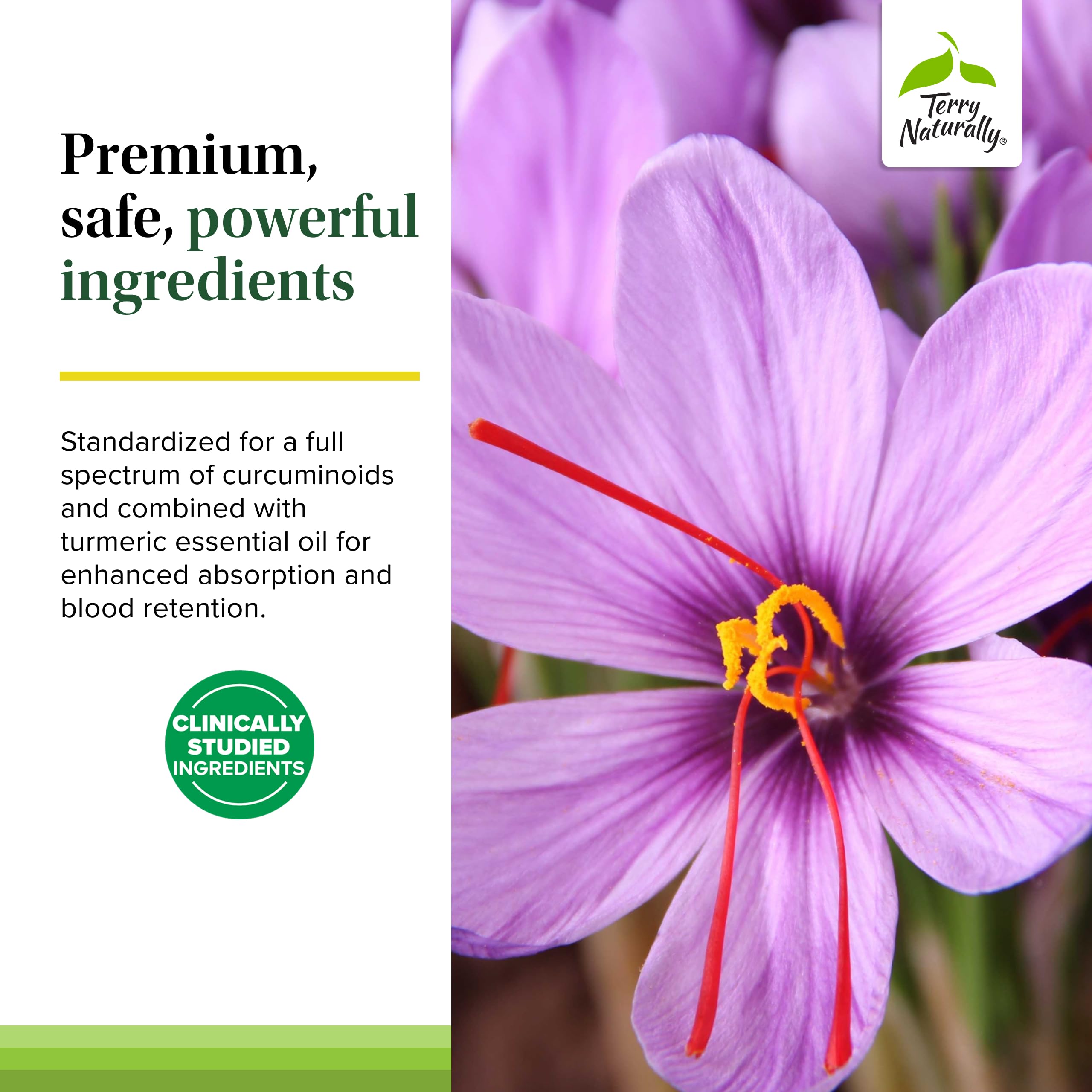 Terry Naturally Saffron Lift + Curcumin bottle highlights turmeric oil for absorption