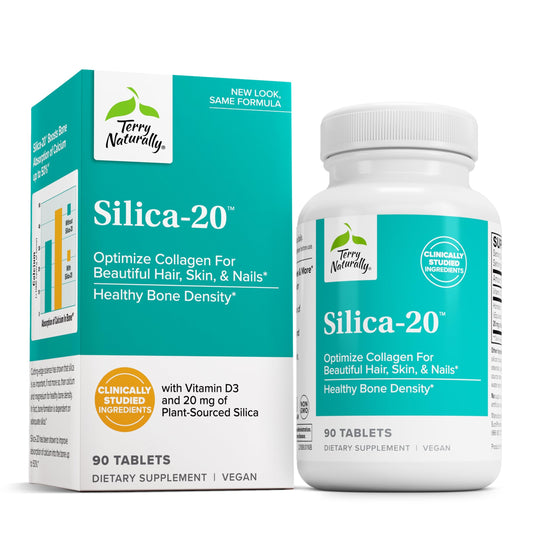 Terry Naturally Silica-20 bottle with label shows skin, hair and nail support