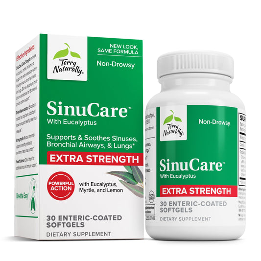 Terry Naturally SinuCare bottle front view; enteric-coated softgels for sinus support.