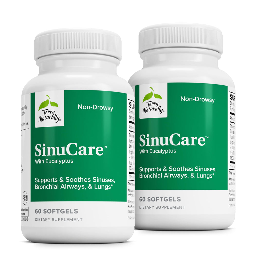 Terry Naturally SinuCare bottle pour showing bronchial wellness support
