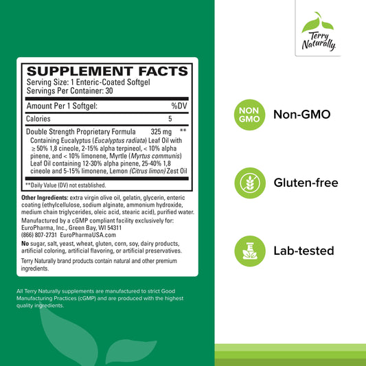 Terry Naturally SinuCare bottle top view showing non-GMO and gluten-free labeling.