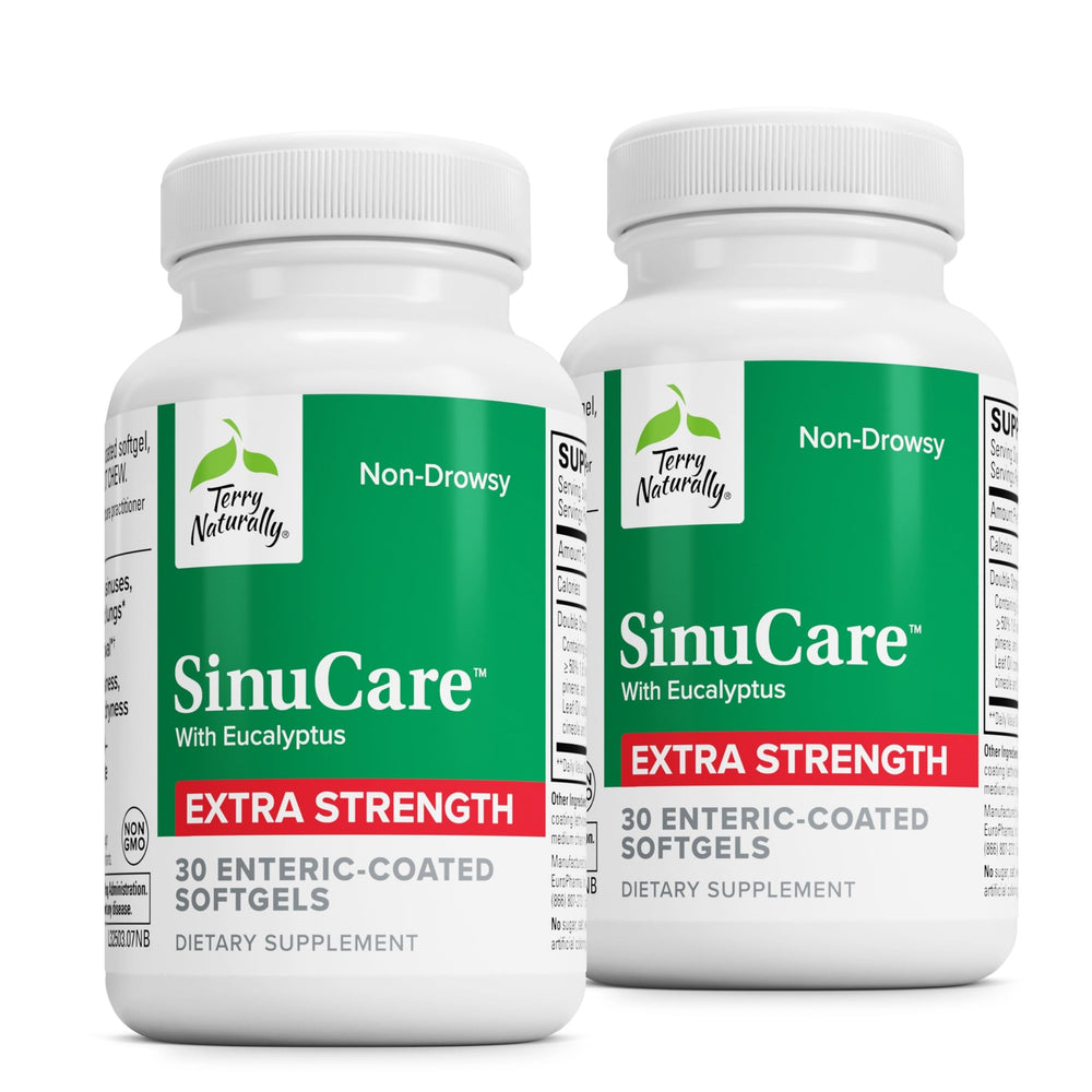 Terry Naturally SinuCare Extra-Strength bottle close-up showing capsules for potential sinus comfort.