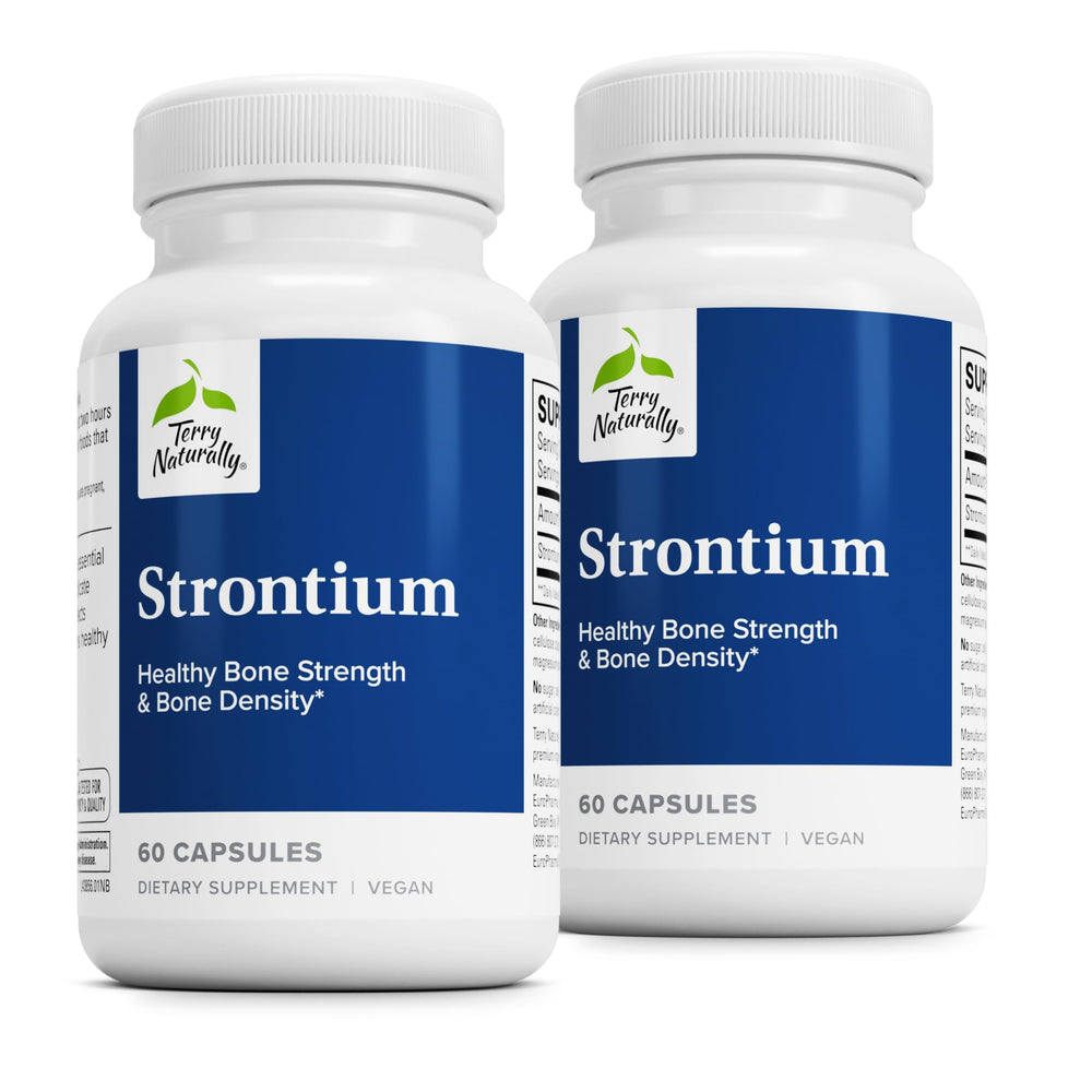 Terry Naturally Strontium bottle front shows vegan bone health support