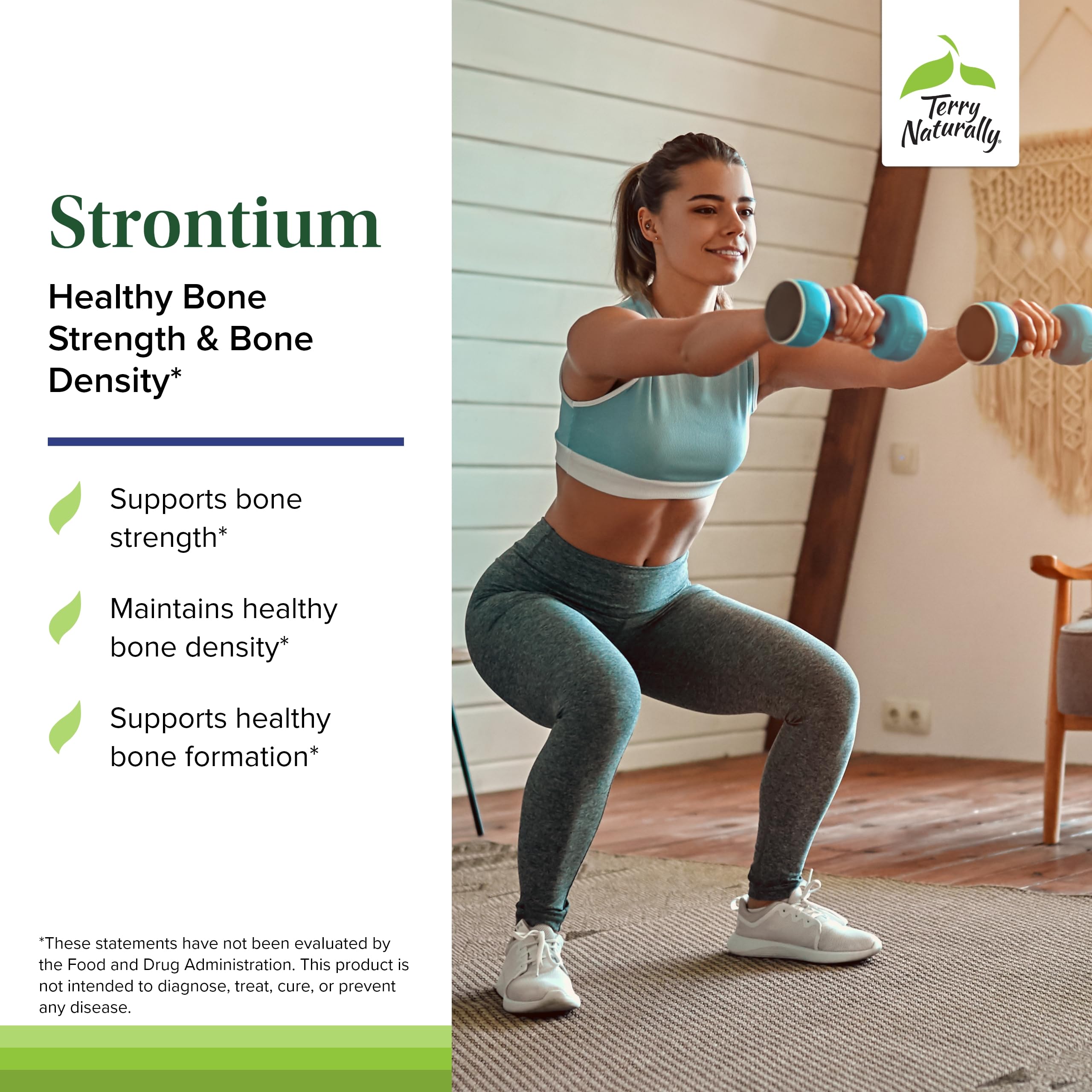 Terry Naturally Strontium capsules on white background emphasize vegan, allergen-free capsules