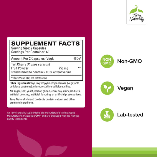 Terry Naturally Tart Cherry capsules close-up for vegan antioxidant support.