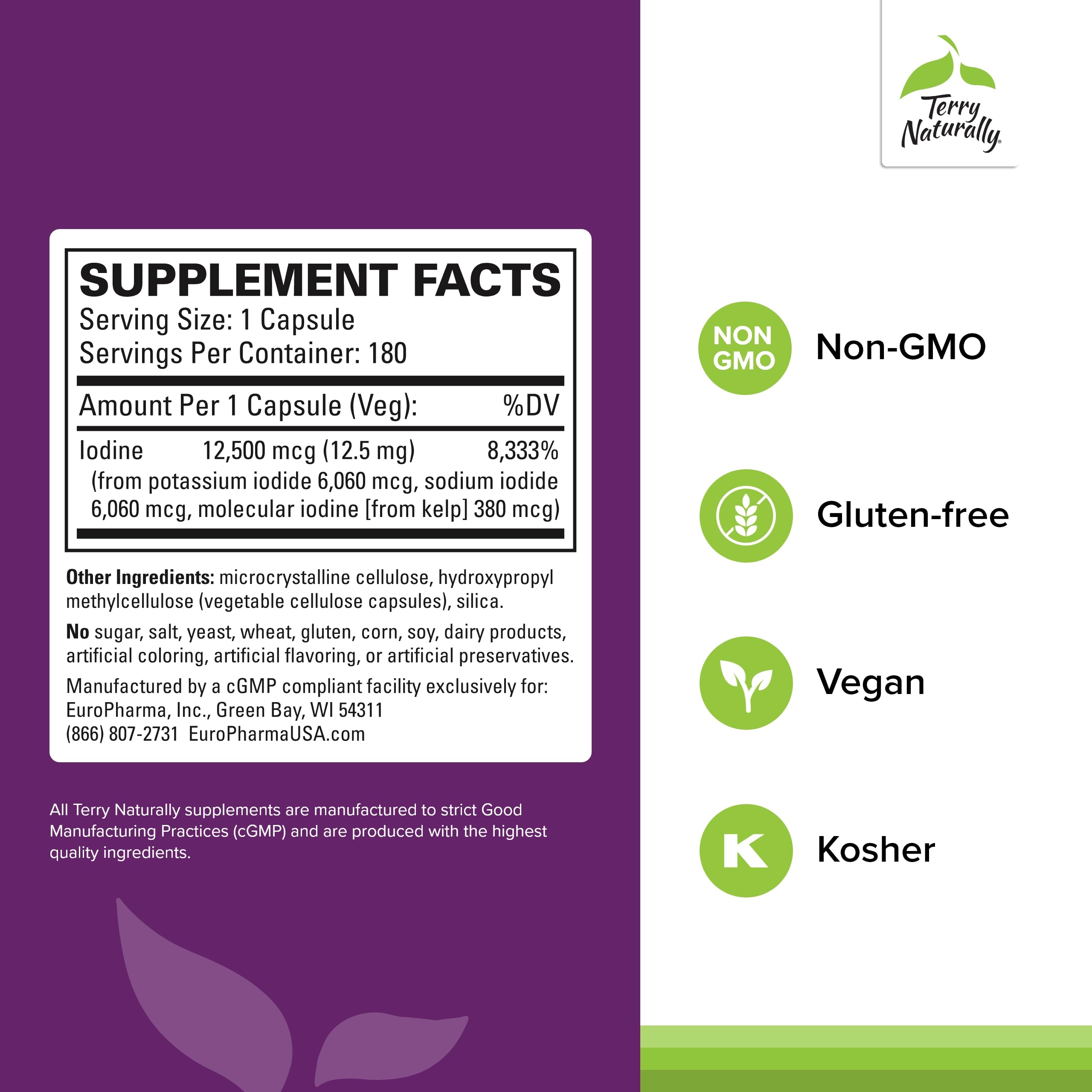 Terry Naturally Tri-Iodine bottle side view showing product details and allergen-friendly formula