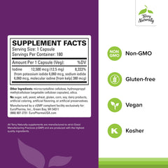 Terry Naturally Tri-Iodine bottle side view showing product details and allergen-friendly formula