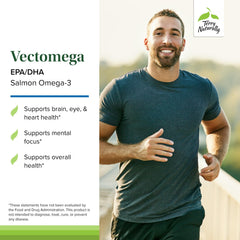 Vectomega bottle back label detailing ingredients and allergen-free features.