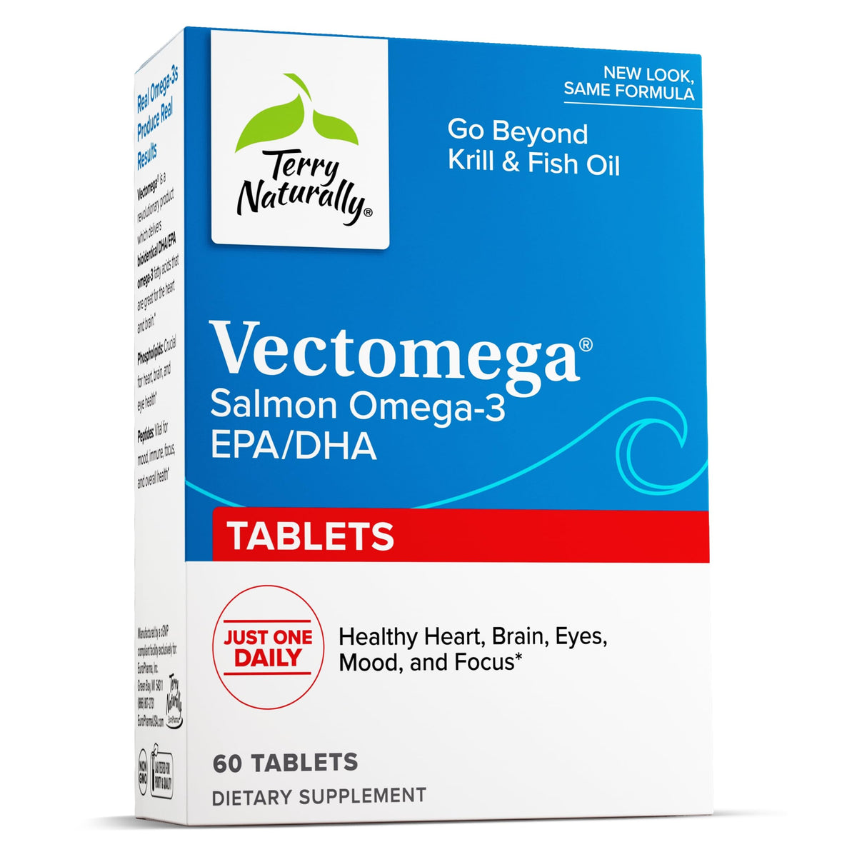 Terry Naturally Vectomega bottle front view highlighting omega-3 supplement for daily brain and heart support.