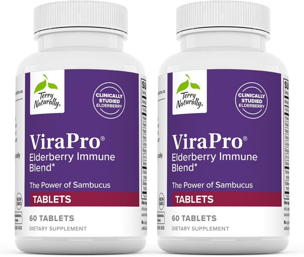 Terry Naturally ViraPro elderberry bottle highlighting immune-support ingredients for daily use.