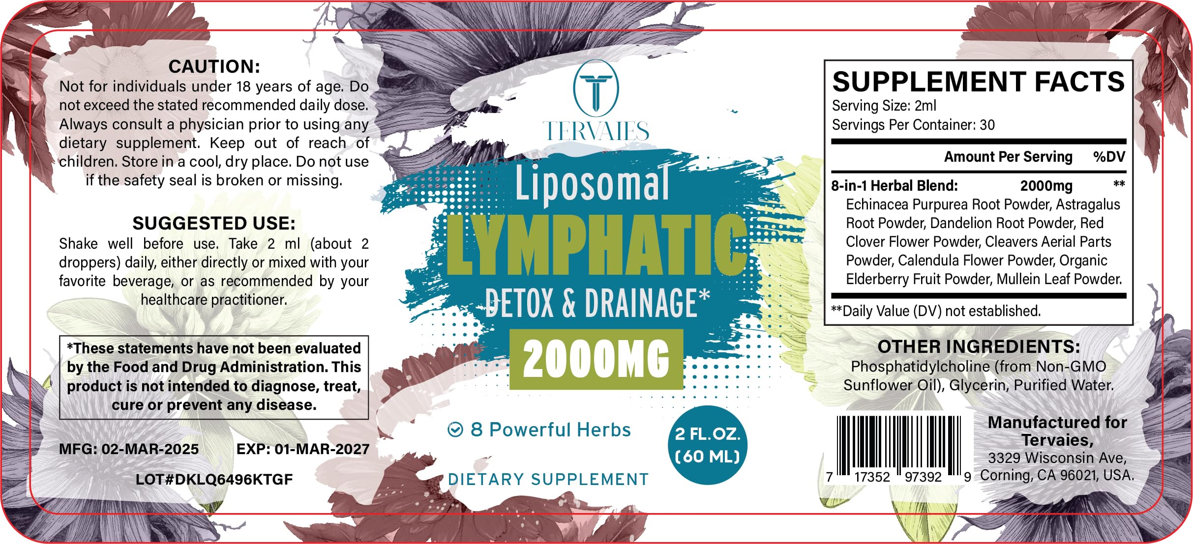 Tervaies Liposomal Lymphatic Drops elderberry and echinacea notes on label