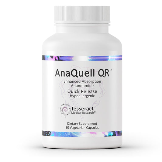 Tesseract AnaQuell QR bottle front view suggesting stress relief and daily mood support.