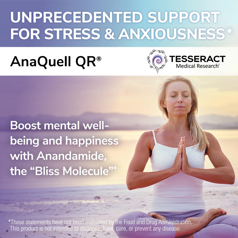 Tesseract AnaQuell QR bottle side view highlighting compact packaging for on-the-go stress management.