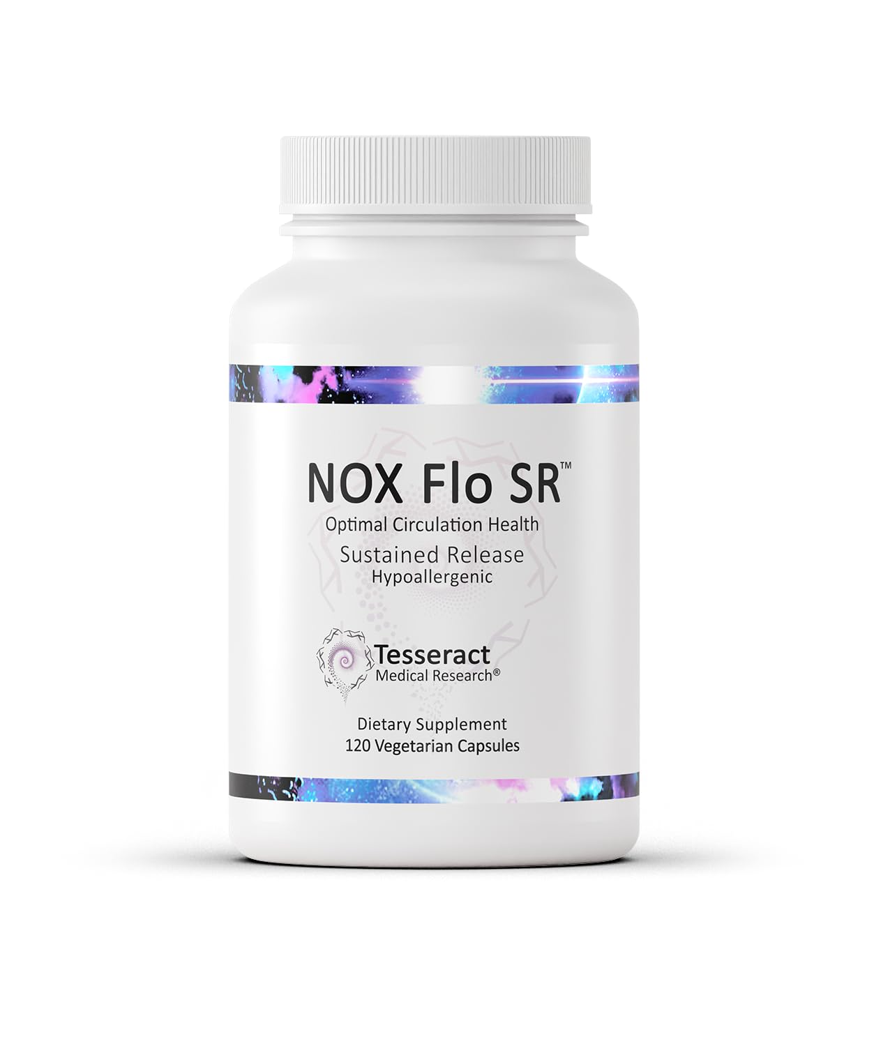Tesseract NOX Flo SR bottle on a clean surface signaling sustained nitric oxide support.