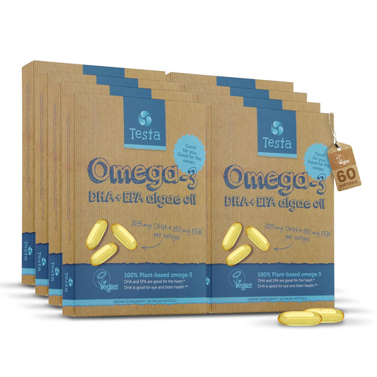 Testa Omega-3 algae oil capsule showing plant-based DHA and EPA for daily wellness.