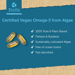 Testa Omega-3 DHA and EPA from algae highlight vegan omega-3 source.