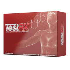 TESTRX testosterone booster bottle with label, suggesting natural muscle support.