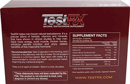 TESTRX capsules arranged in a tray, showing convenient daily energy support.