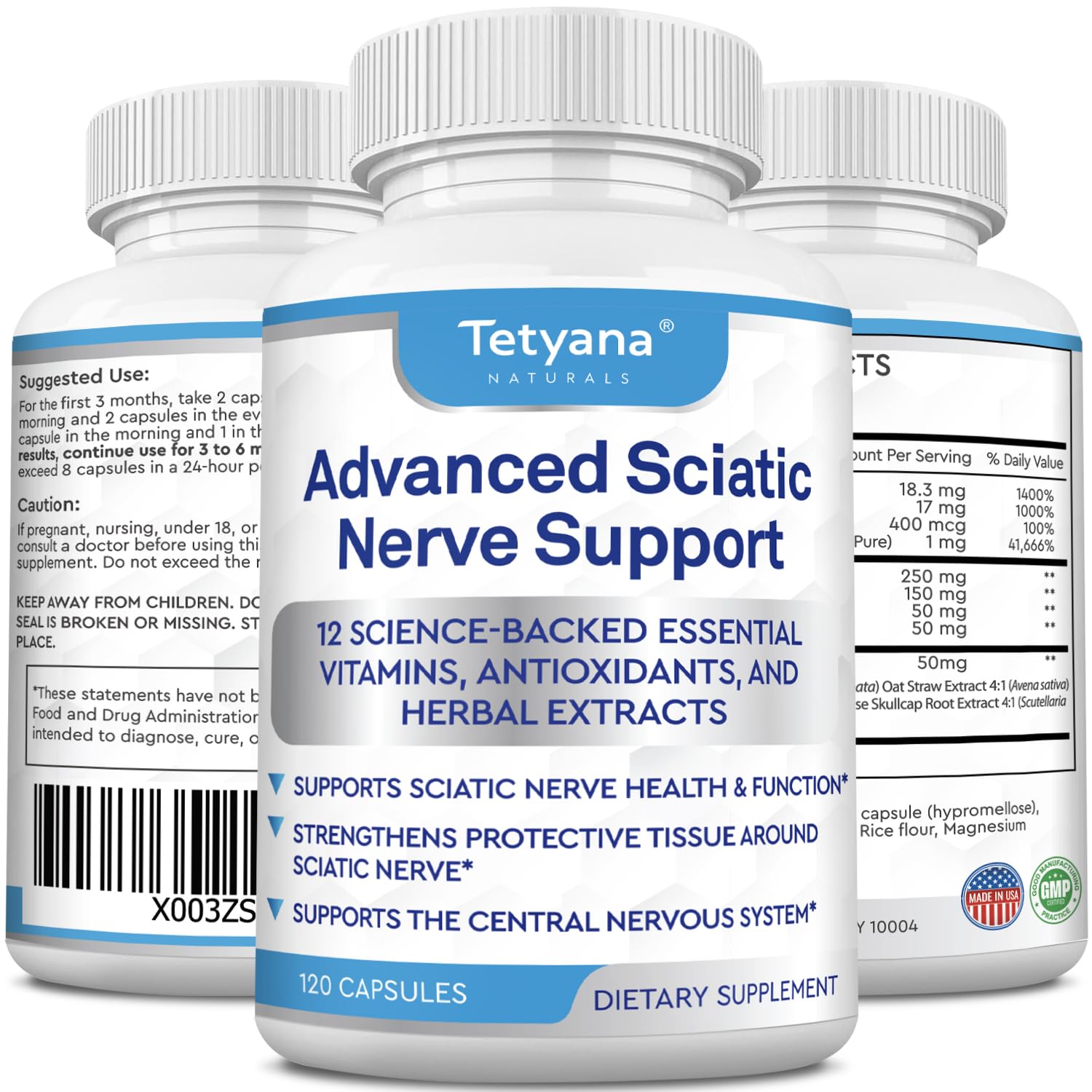 Tetyana Naturals Advanced Sciatic Support bottle for daily nerve comfort