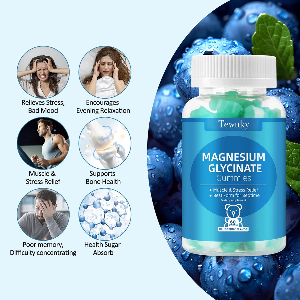 Close-up of Tewuky magnesium glycinate gummies blueberry flavor for daily supplement.