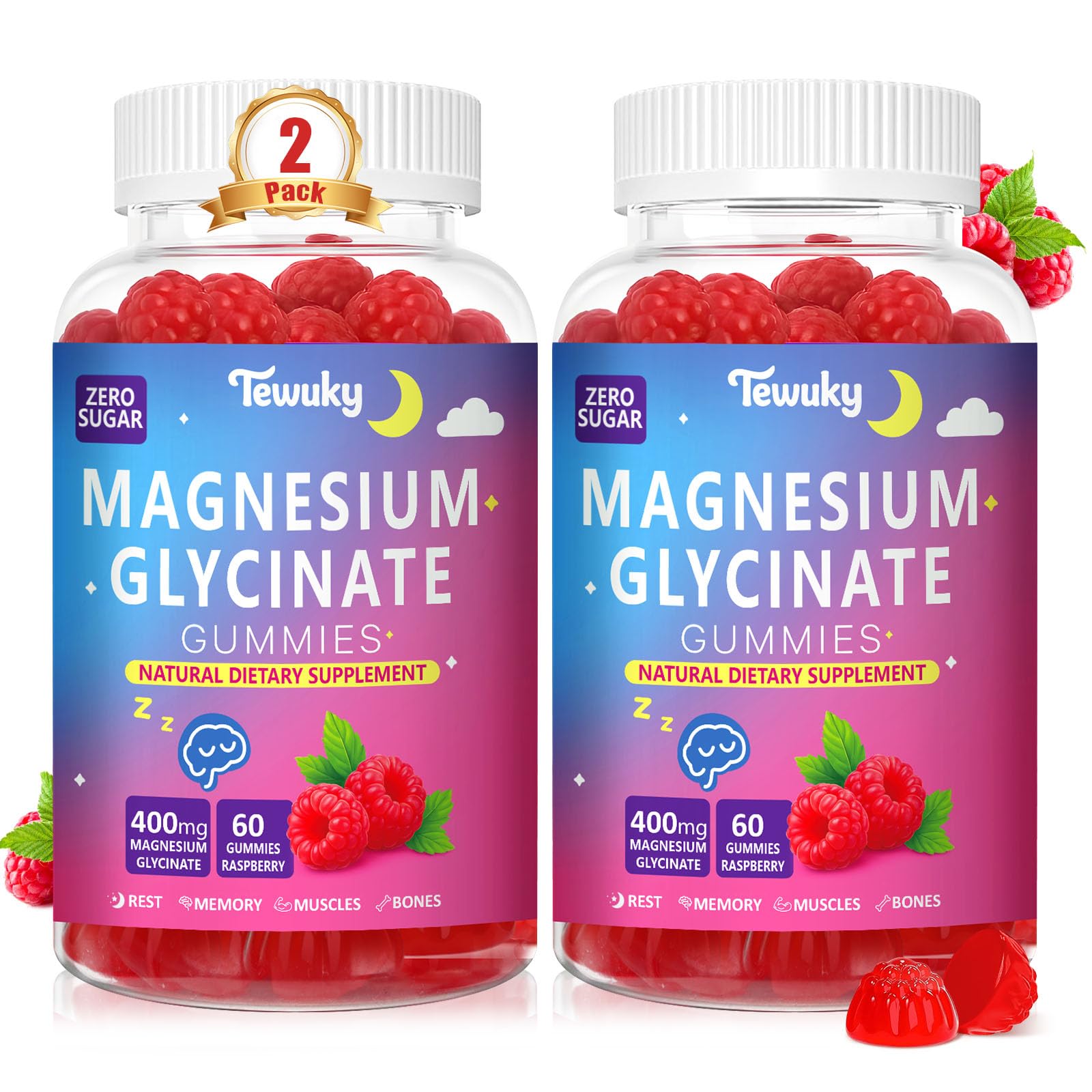 Tewuky magnesium glycinate gummies raspberry bottle highlights sugar-free vegan sleep support