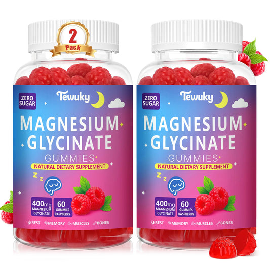Tewuky magnesium glycinate gummies raspberry bottle highlights sugar-free vegan sleep support