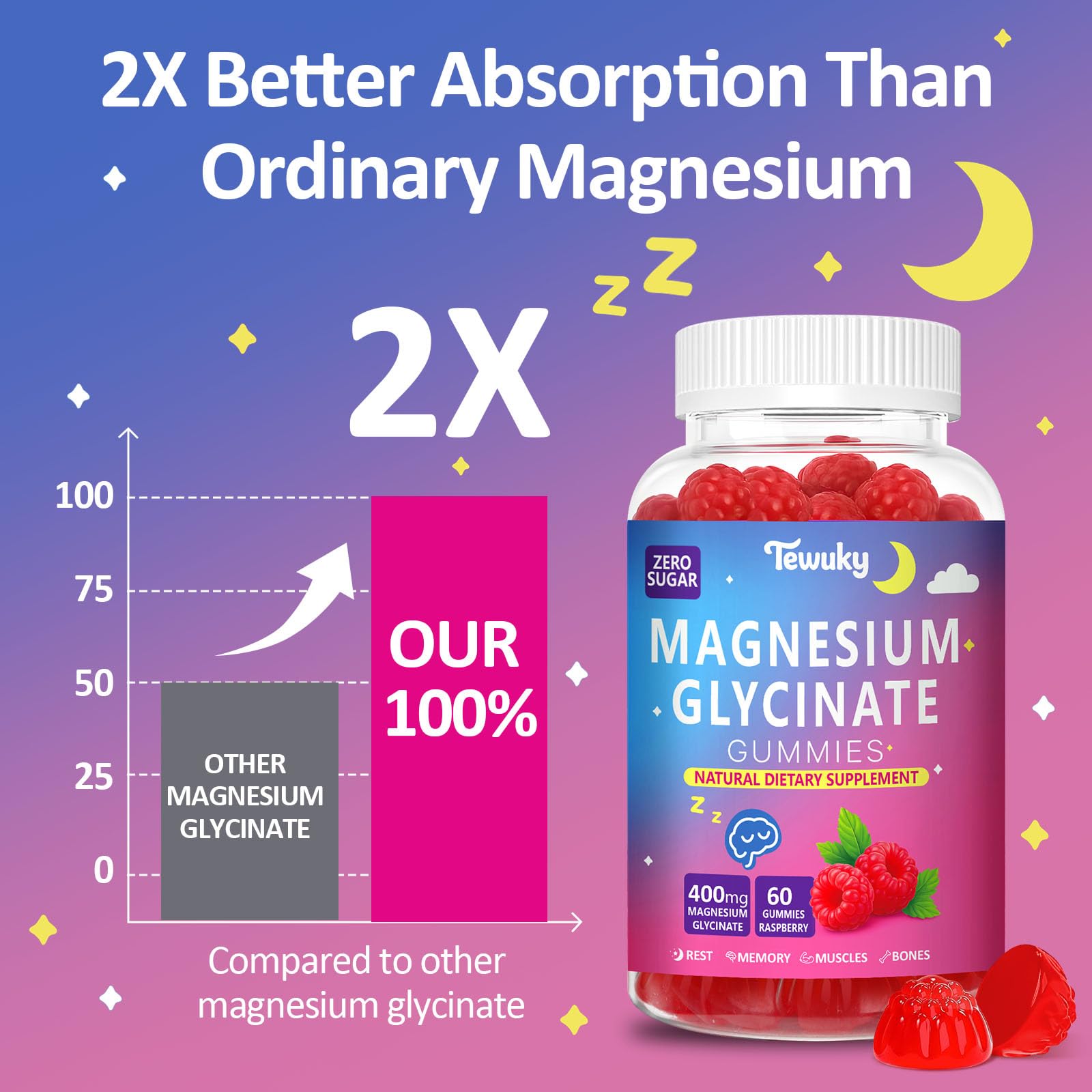 Tewuky mg glycinate gummies raspberry closeup shows chewy texture for daily relaxation