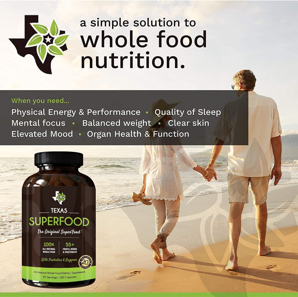 Texas SuperFood Original capsules pile suggests easy, toxin-free daily supplementation.