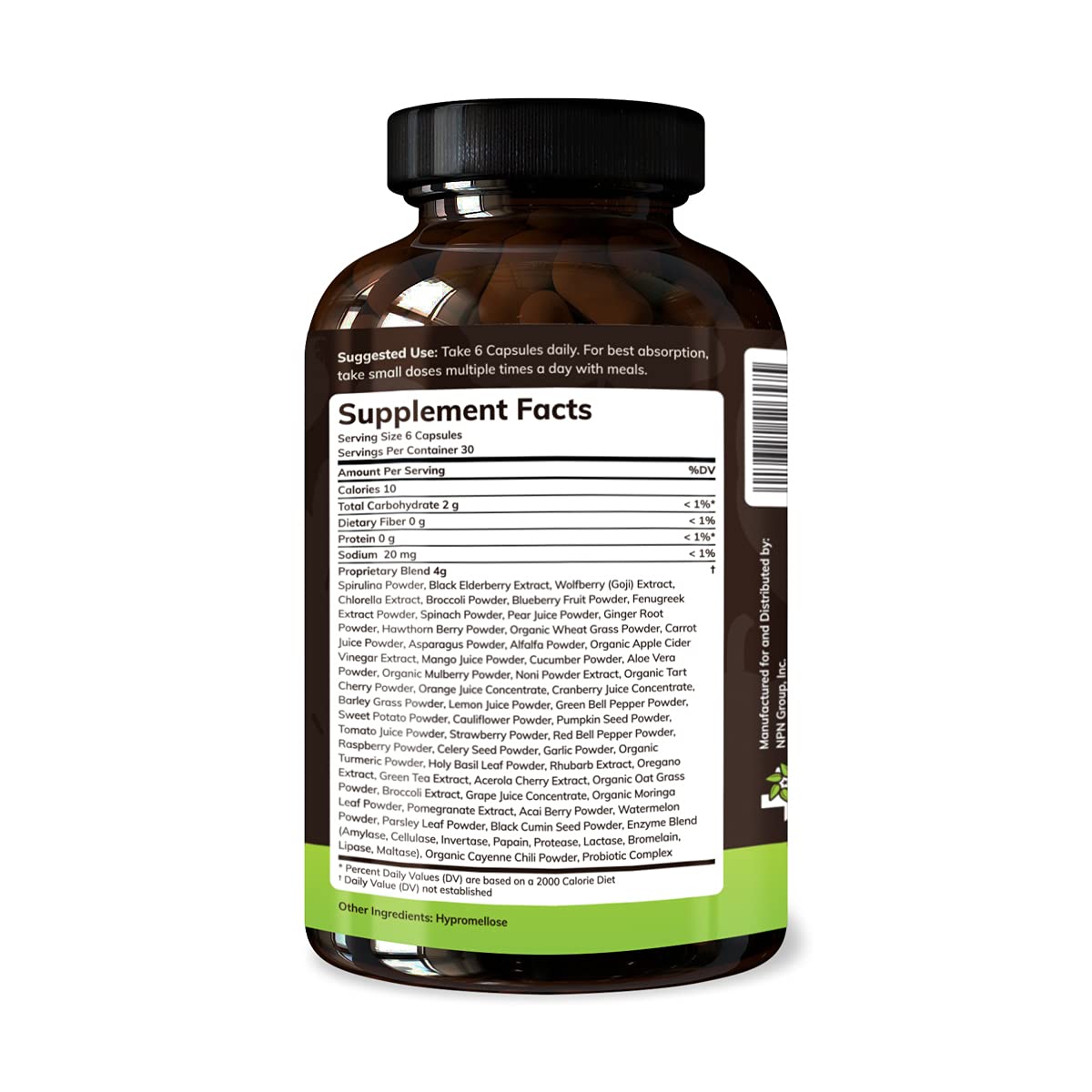 Texas SuperFood ingredients label highlights fruit, vegetable, and enzyme richness.