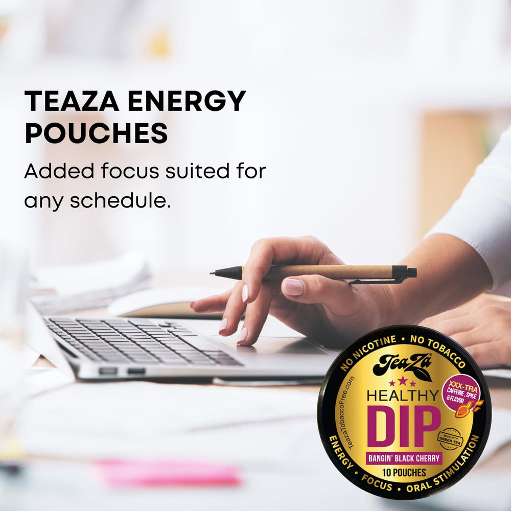 TeaZa pouch resting under lip for discreet energy use