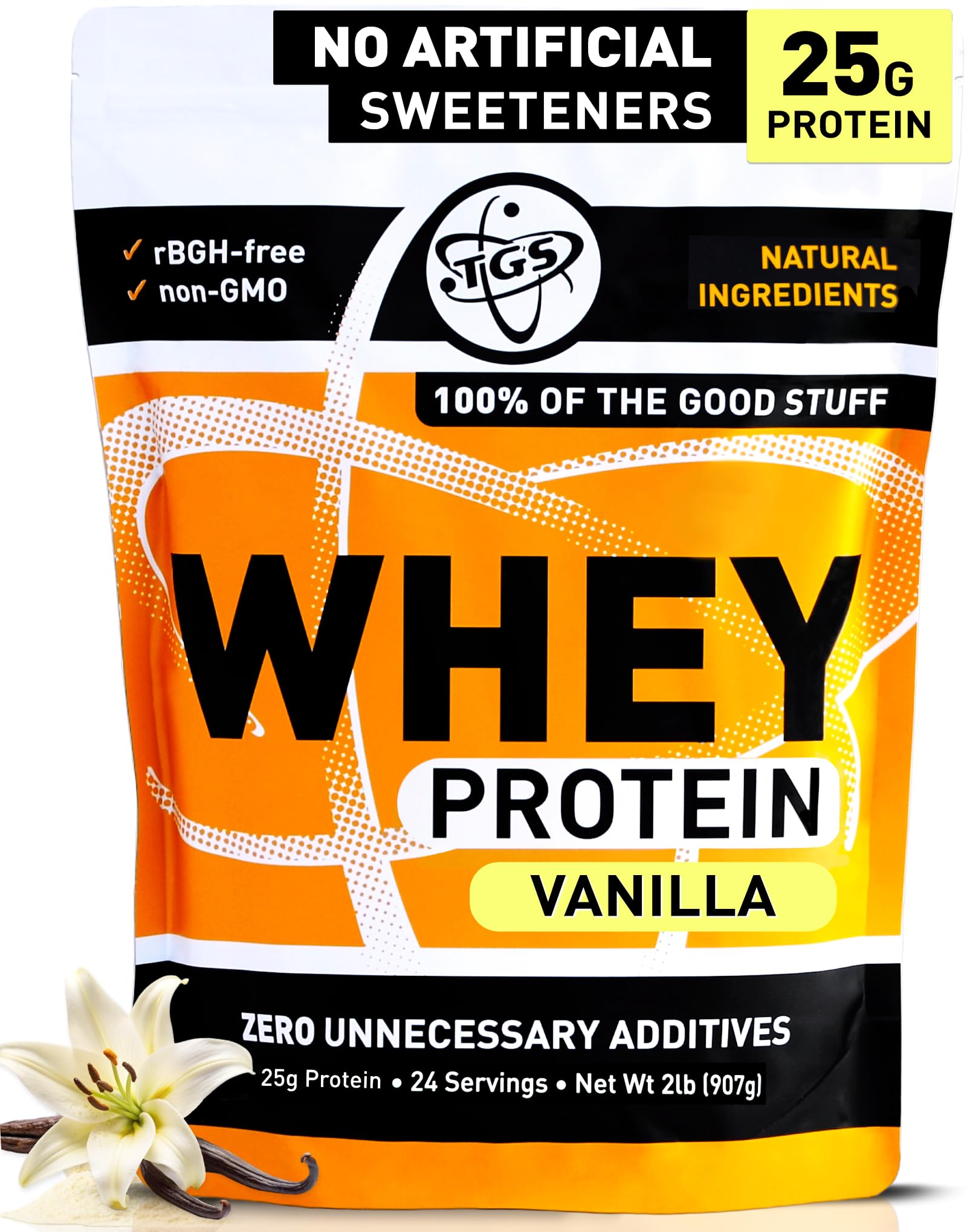 TGS Nutrition Vanilla Whey Protein bottle shows clean ingredients for daily fitness.