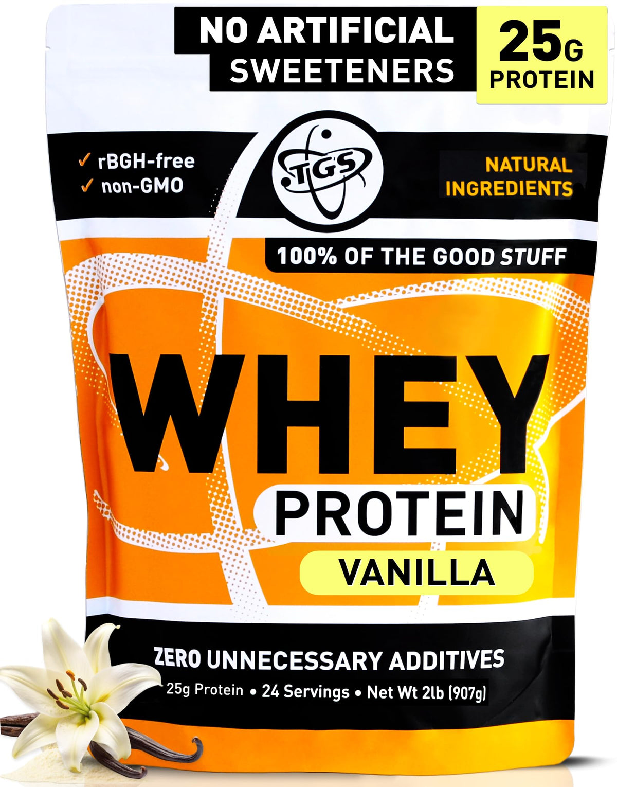 TGS Nutrition Vanilla Whey Protein bottle shows clean ingredients for daily fitness.