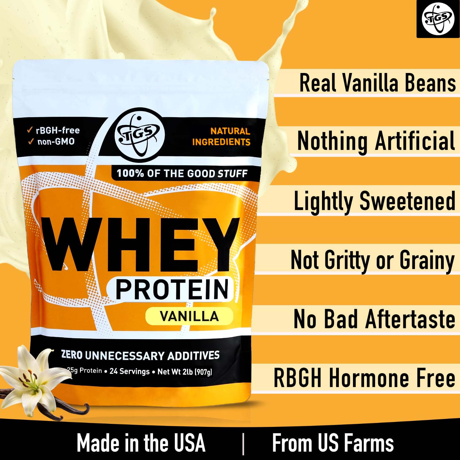 TGS Nutrition ingredients feature undenatured whey and vanilla beans.