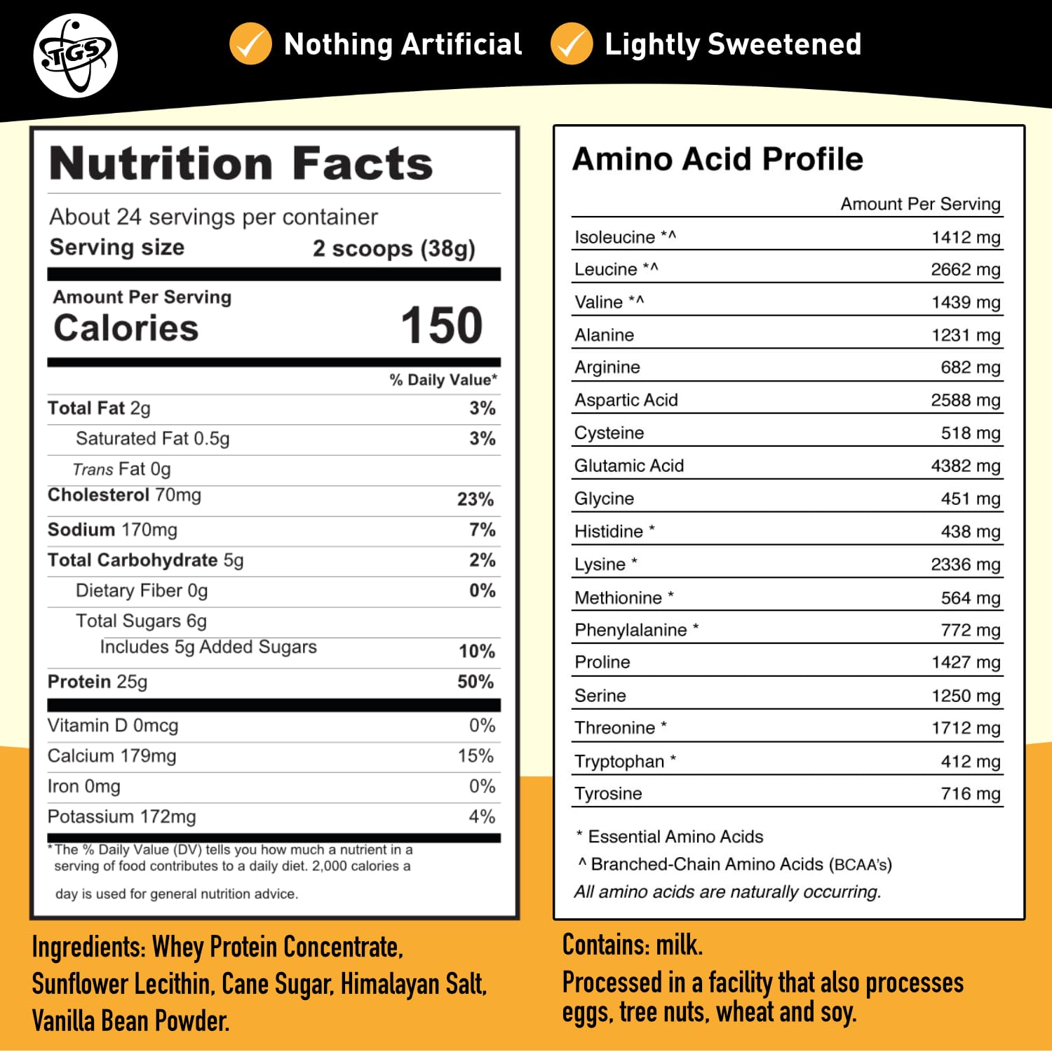 TGS Nutrition Vanilla Whey Protein label highlights non-GMO, stevia-free formula.