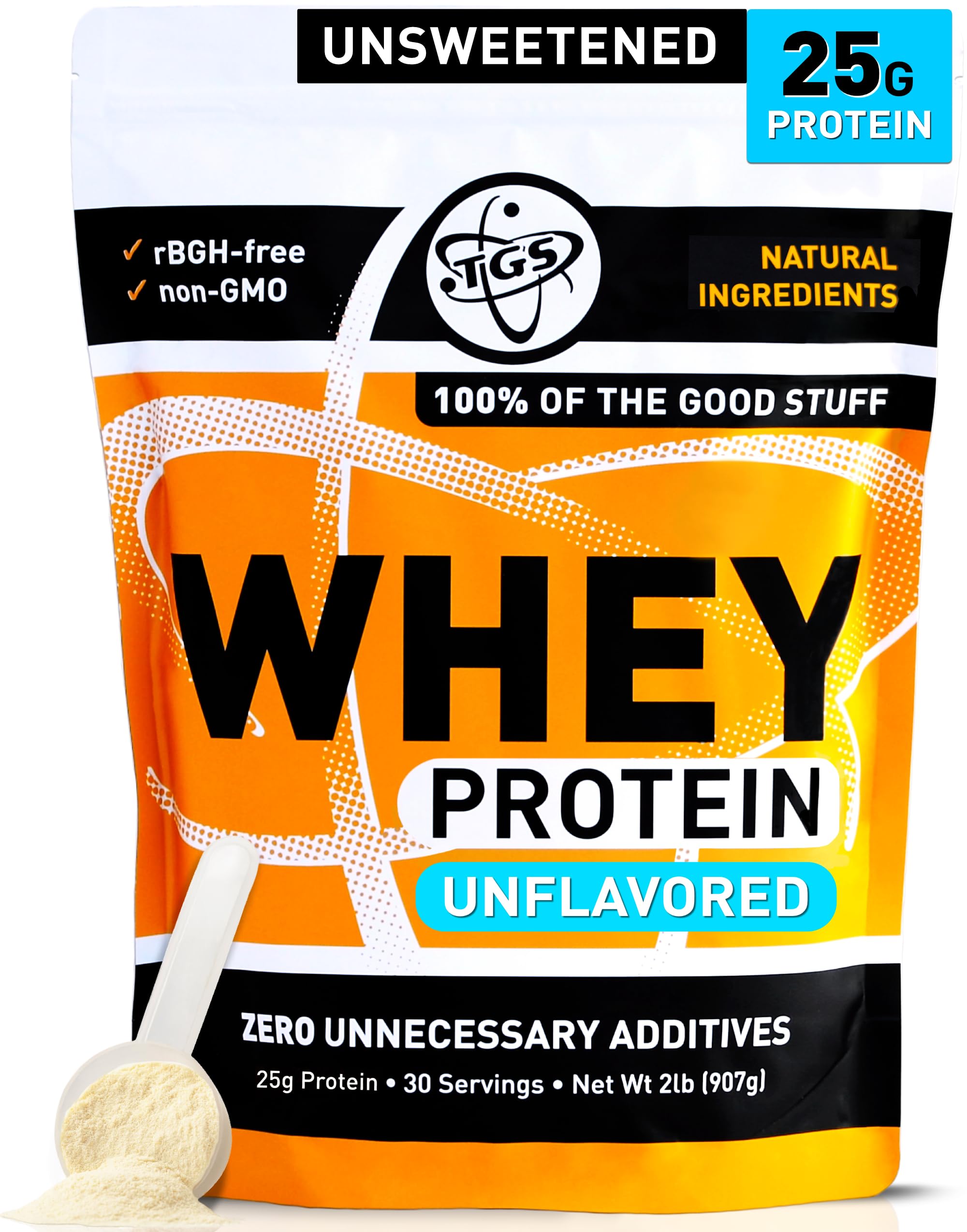 TGS Nutrition unflavored whey protein bottle poured into a glass for a shake