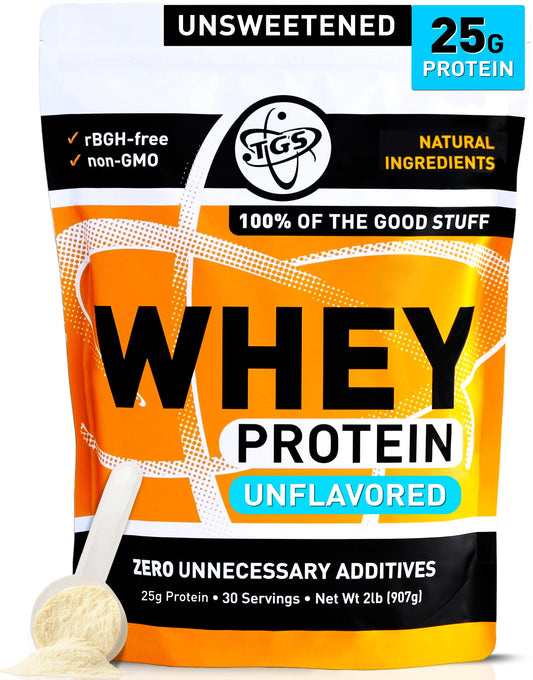 TGS Nutrition unflavored whey protein bottle poured into a glass for a shake