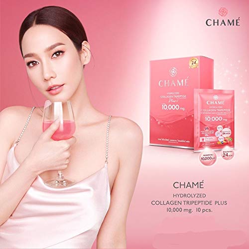 TH Chame sachets pouring into water, convenient skin nourishment ritual.