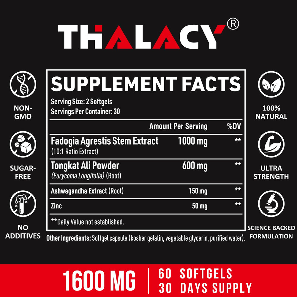 Thalacy tongkat-ali softgel capsules arranged in bottle view