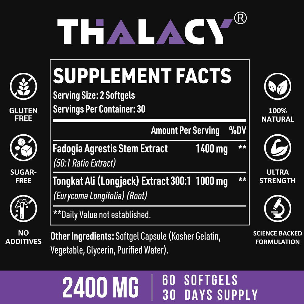 Close-up of Thalacy capsules illustrating the daily two-softgel dose.