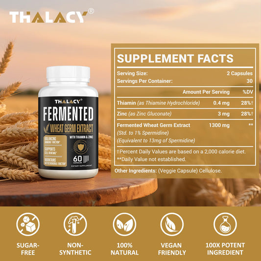 Thalacy fermented wheat germ capsules highlighting potent spermidine content.