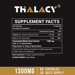 Thalacy bottle close-up showing the wheat germ formula for healthy aging support